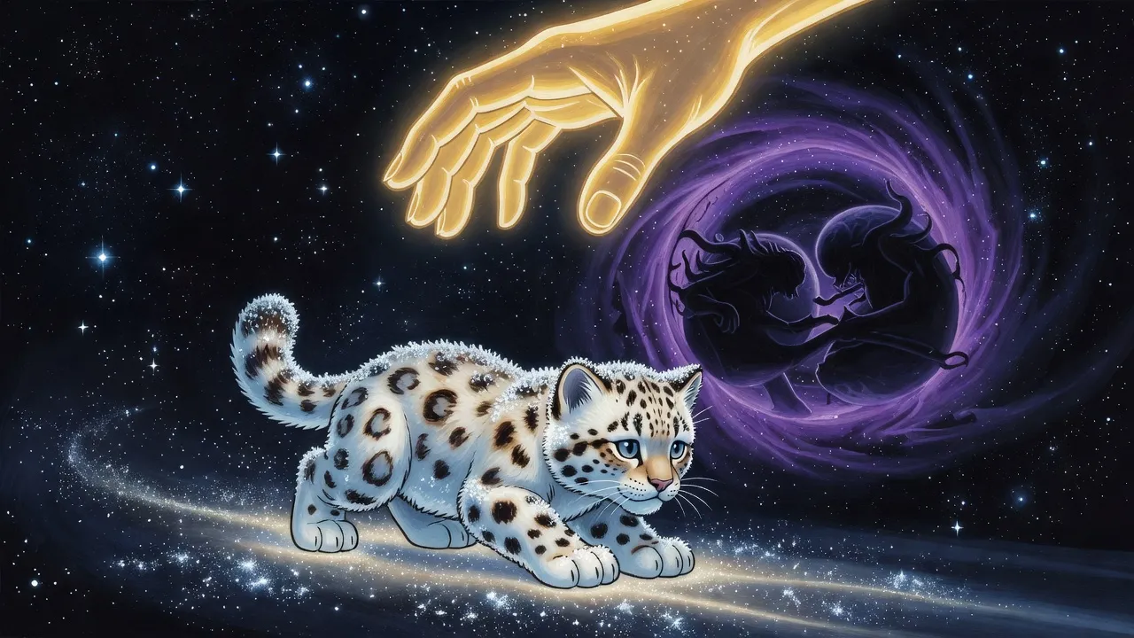 A scorched, frosted kitten crawls through starry space toward a swirling wormhole as a giant glowing golden hand reaches down to scoop it up.