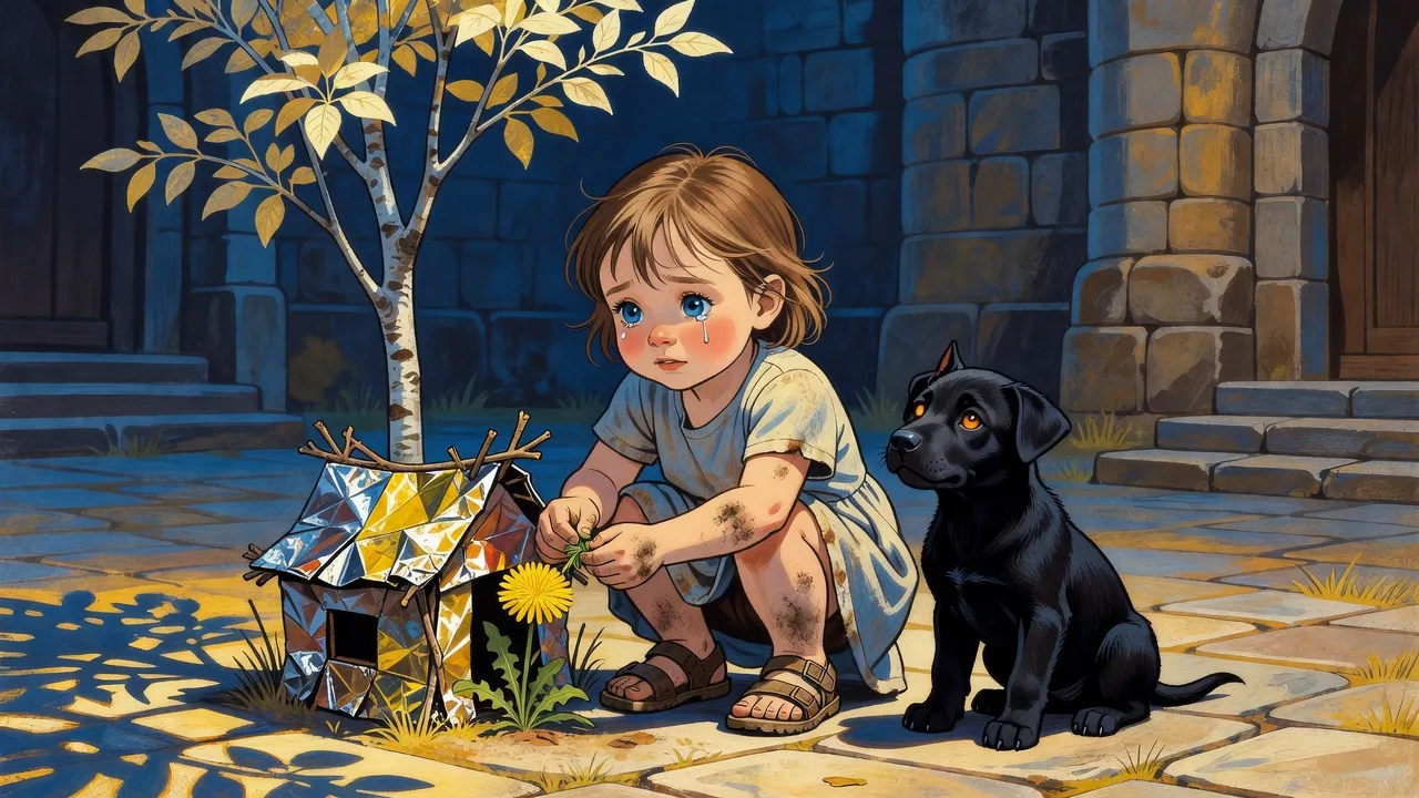 A little girl crouches at the roots of a young silver-barked tree in a castle courtyard, setting a dandelion inside a tiny hut of shiny foil and twigs, a black hellhound puppy beside her.