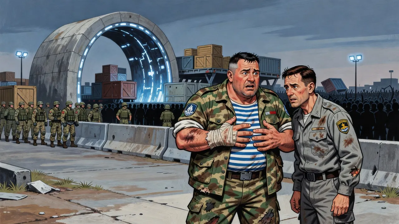 A big man in scorched camouflage with a bandaged hand pleads with an army major at a checkpoint before a flickering portal arch, soldiers holding back a crowd.