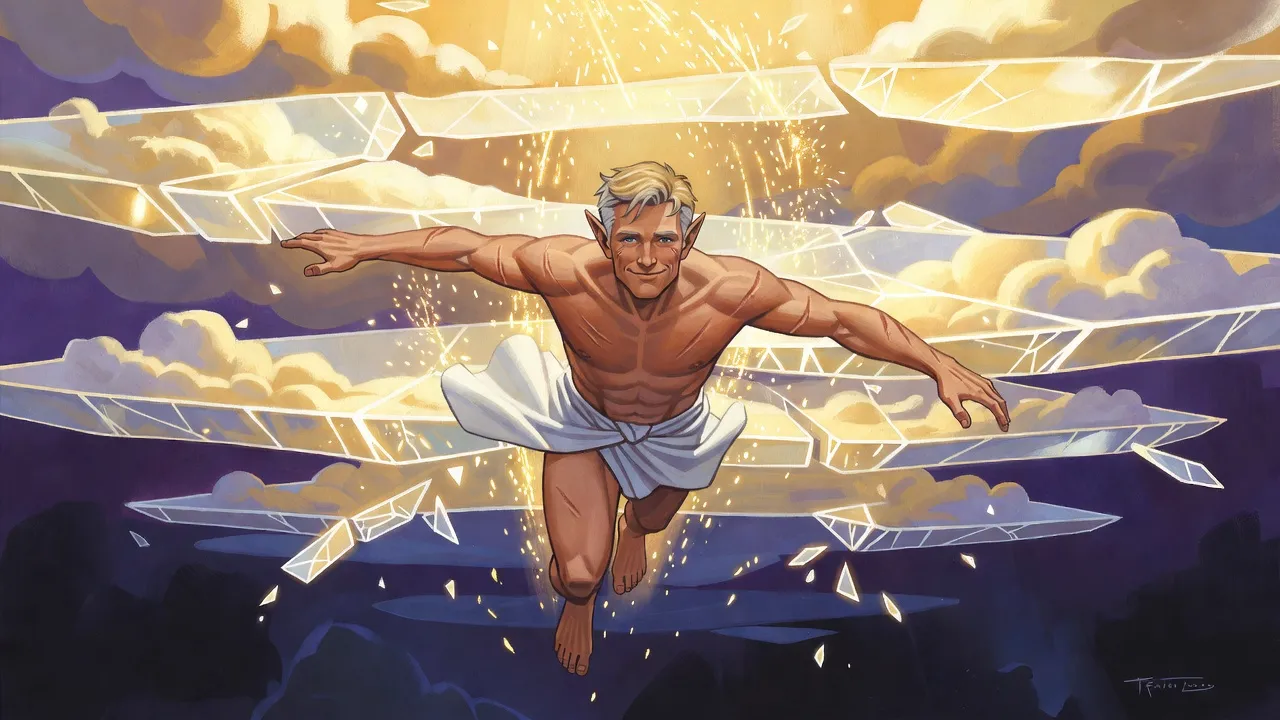 A smiling man in a white wrap falls through layer after layer of shattering golden light into darkness.