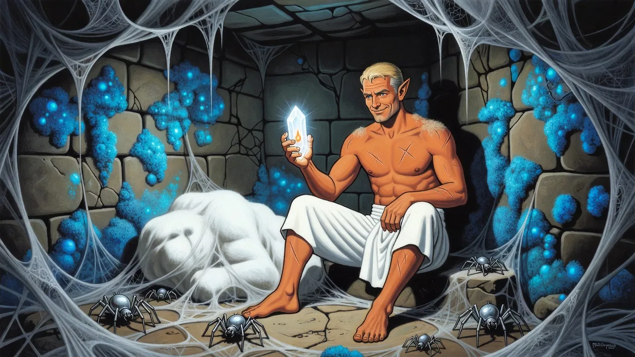 A scarred man in a white wrap sits up in a ruined, cobwebbed stone room glowing with blue mould, opening his fist on a shining white crystal as steel-grey spiders shrink back.