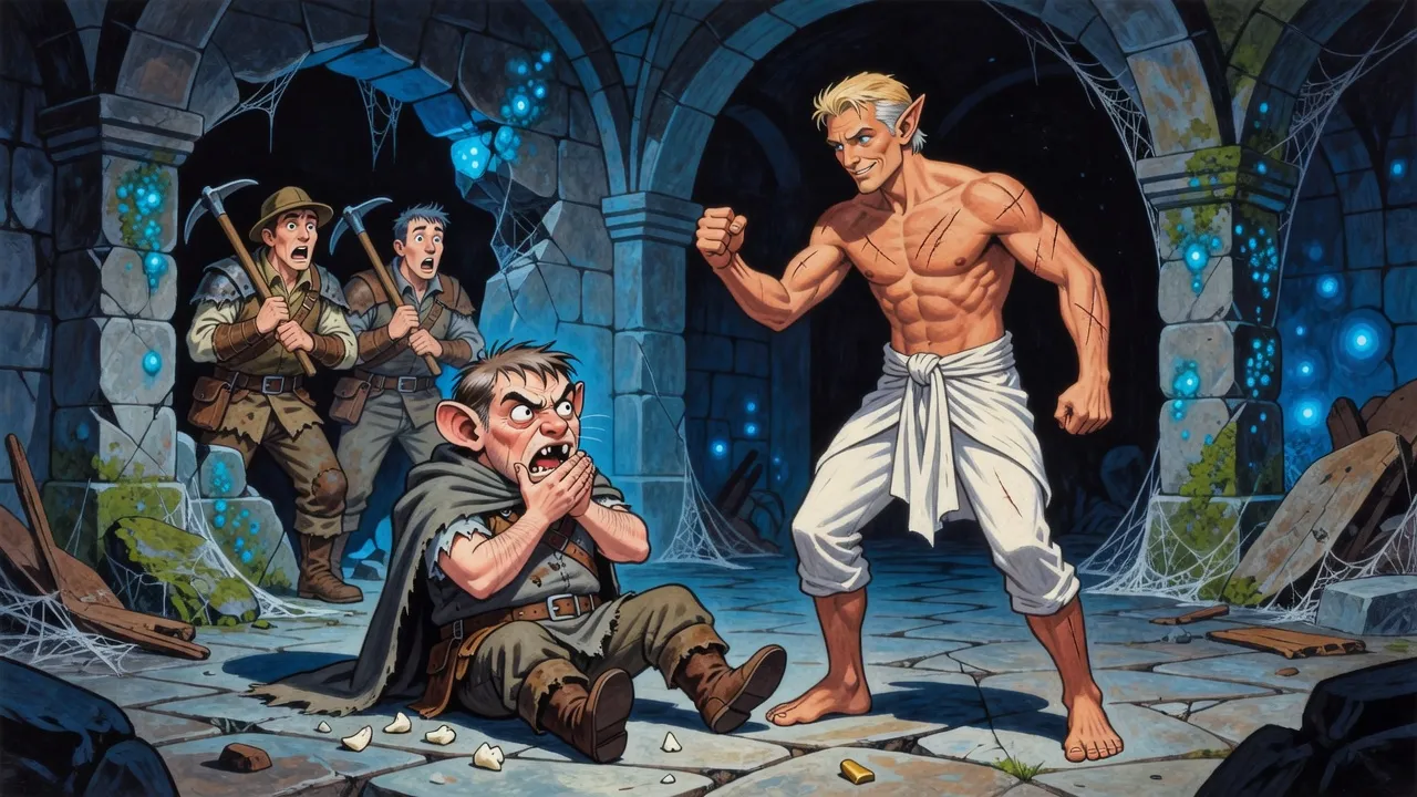 A rat-faced man sits knocked down on a stone floor clutching his mouth, small teeth scattered around him, while a scarred man in a white wrap stands with his fist still raised and two miners gape in the doorway.