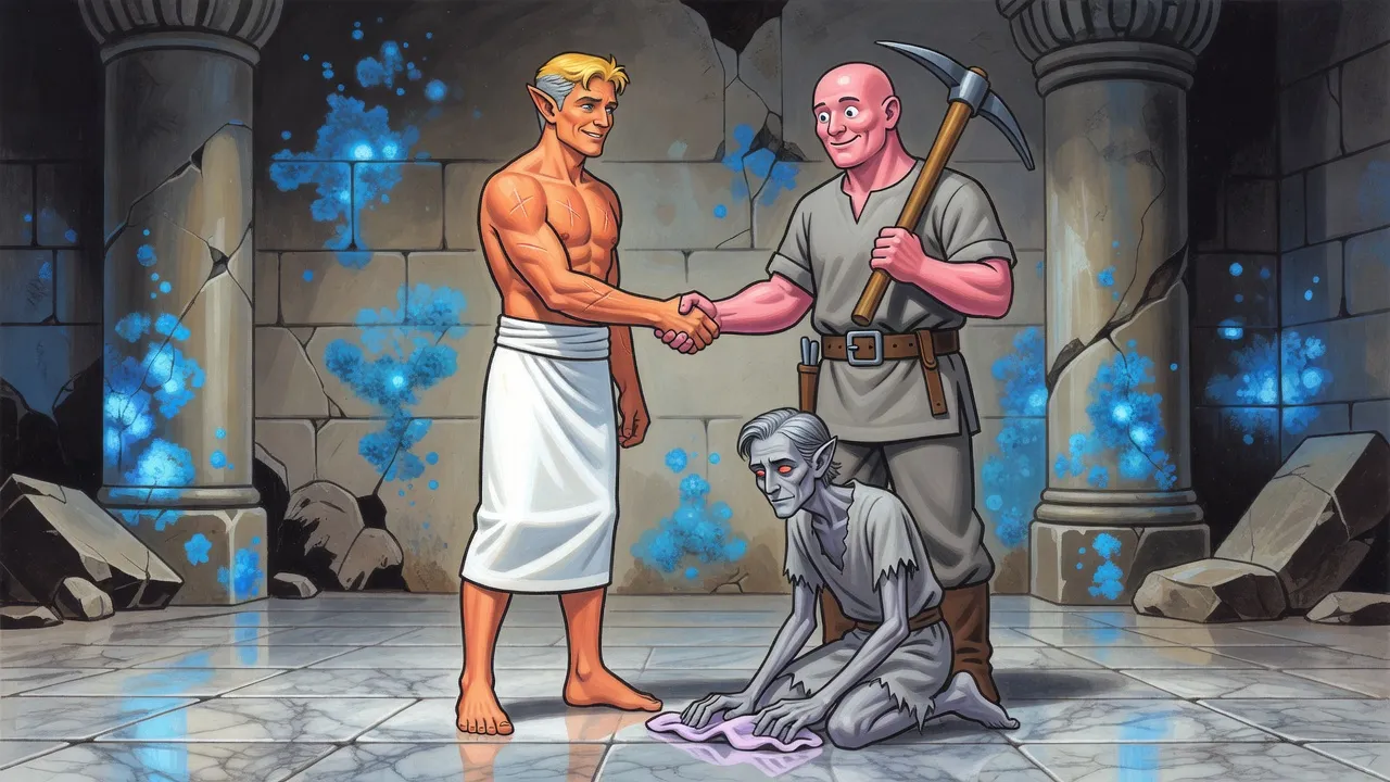 A scarred man in a white wrap shakes hands with a mannequin-faced miner while a tiny grey godling polishes the stone floor to a marble shine with a lilac rag.