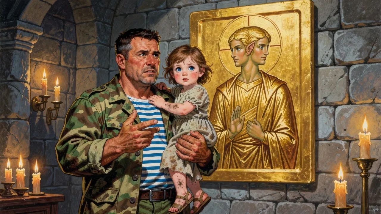 A big man in camouflage holds his little daughter, who hugs his neck and glares at a gilded icon of a figure with two identical faces in a candlelit stone room.