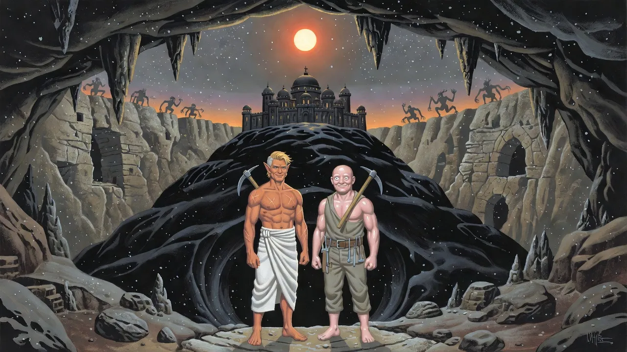 Two miners at a tunnel mouth look out over a cavern of falling ash at a domed city on a glossy black hill beneath a small dimming artificial sun.