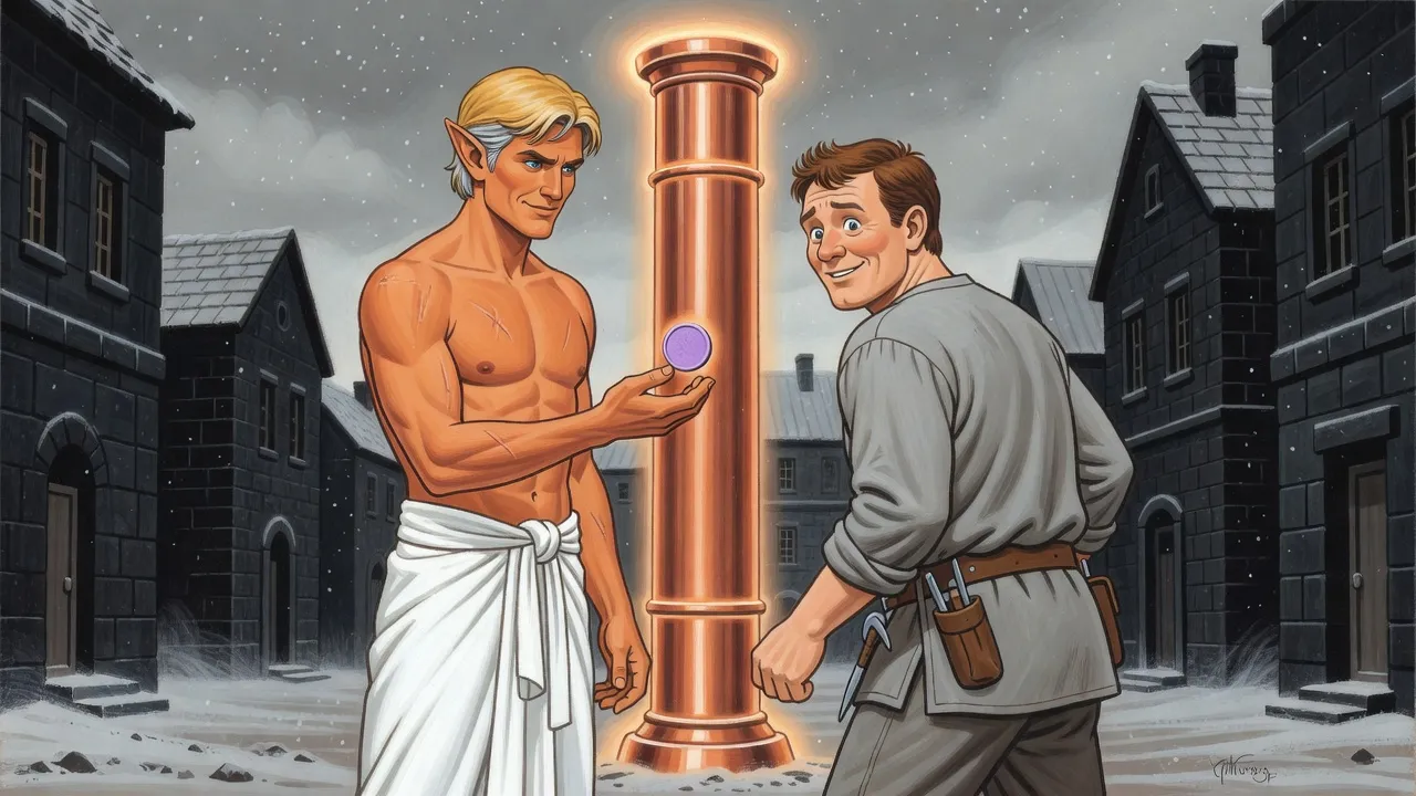 A man in a white wrap stares at a shining lilac coin in his palm beside a glowing copper pillar while his merry-faced companion shields him from view.