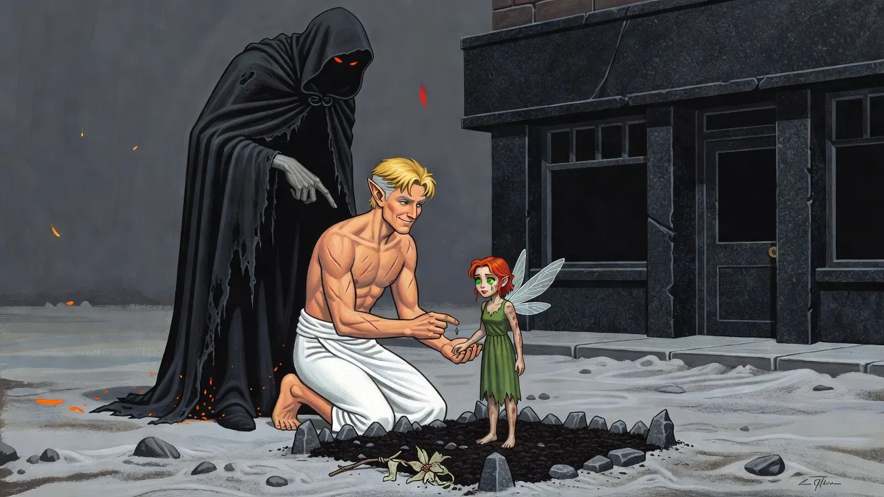 A kneeling man offers a seed to a tiny tearful fairy hovering over a small plot of black earth, while a towering hooded figure with glowing eyes bends over him.