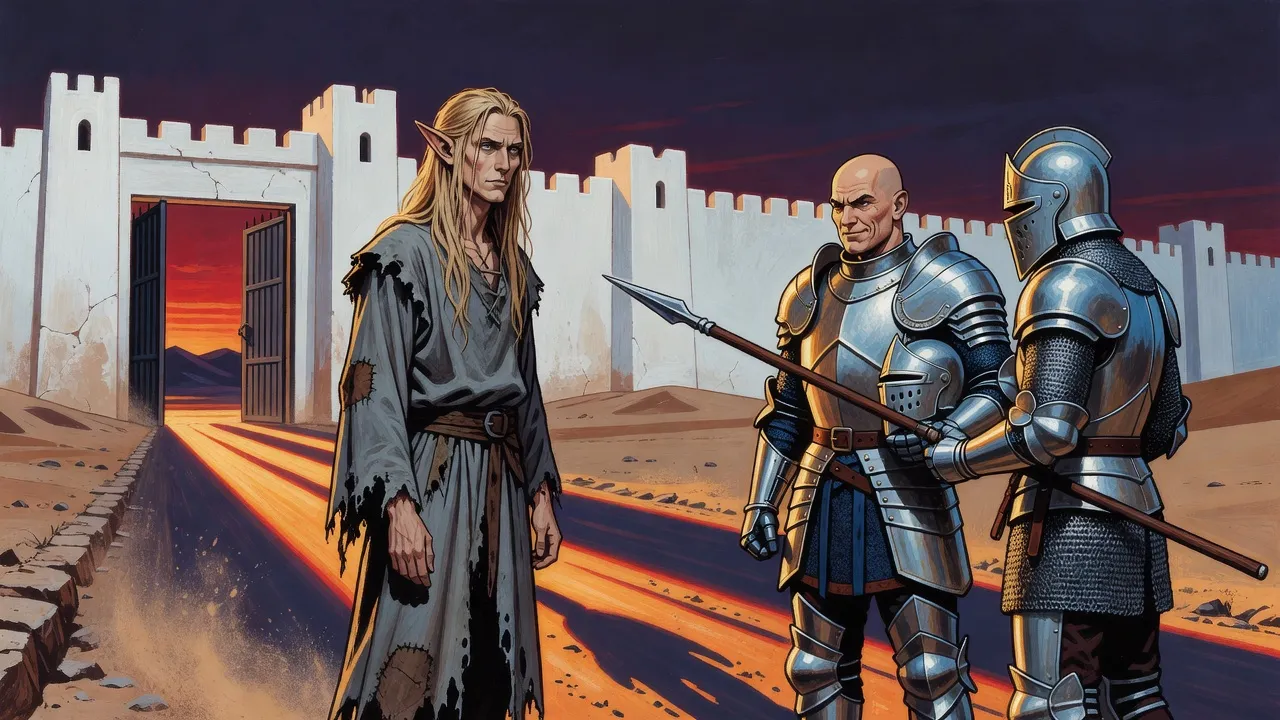 A gaunt ragged elf with long pale hair stands before a city gate at sunset as a sneering captain and a spear-armed guard confront him.