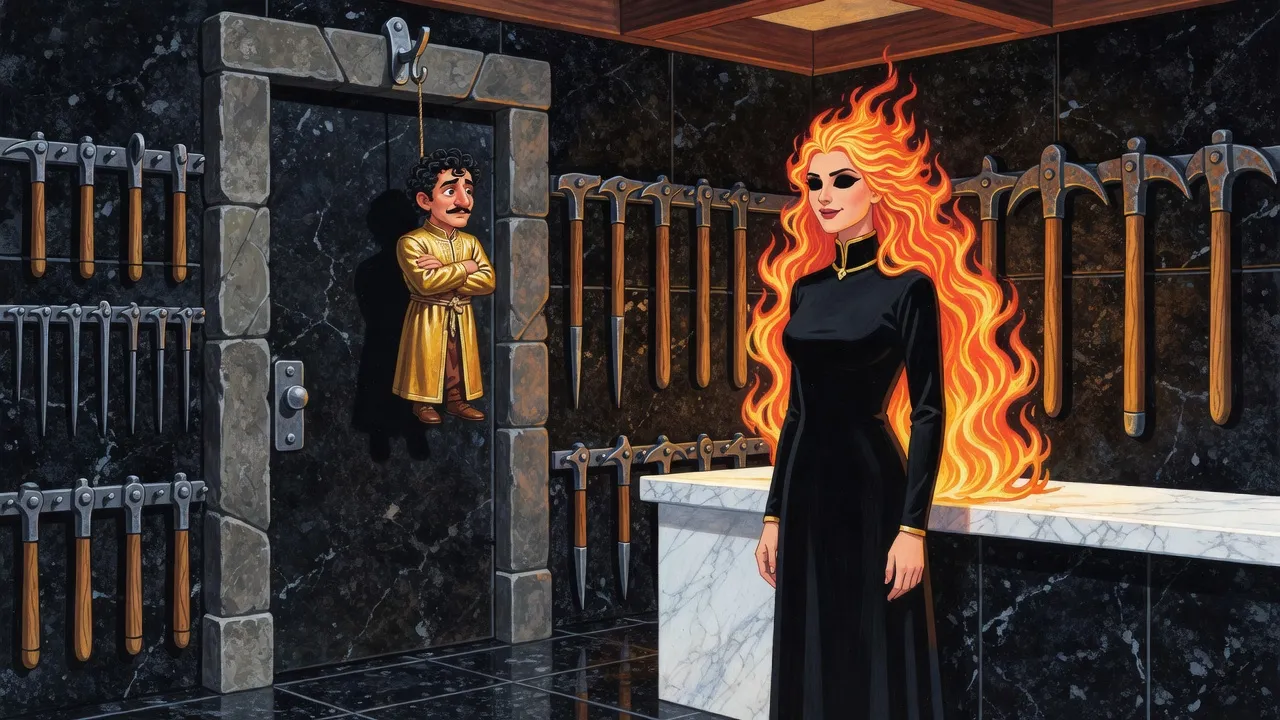 A tiny man in a gilded coat hangs on a cord over a stone door like a bell while a goddess with flaming hair smirks behind a marble counter.