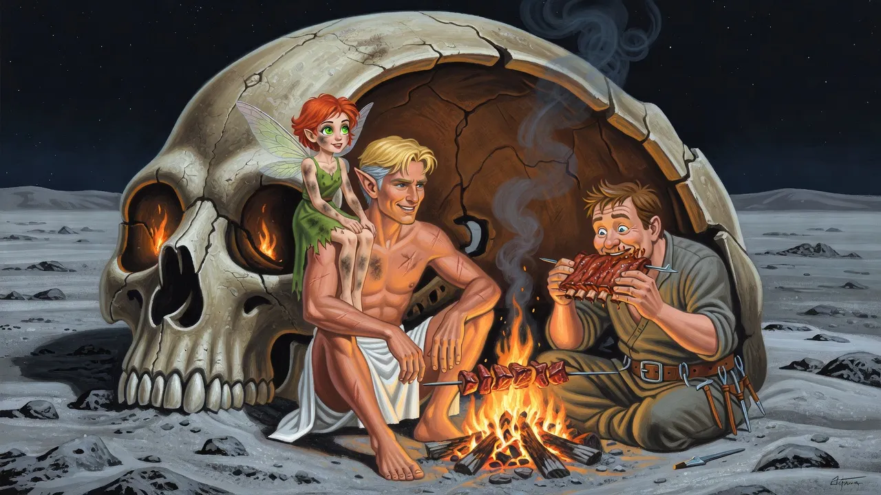 Inside a colossal skull on an ash plain, a man laughs by a campfire with a tiny fairy on his shoulder while a companion gnaws a huge rack of ribs.