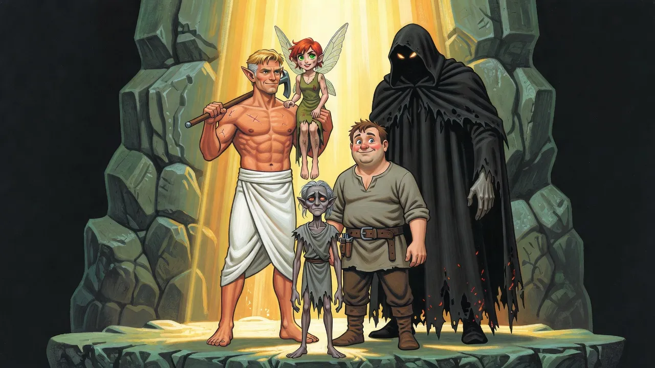 Five gods, a scarred man in white, a merry miner, a tiny grey godling, a hovering fairy and a towering cloaked figure, look up a shaft of golden light from a ledge of grey-green rock.