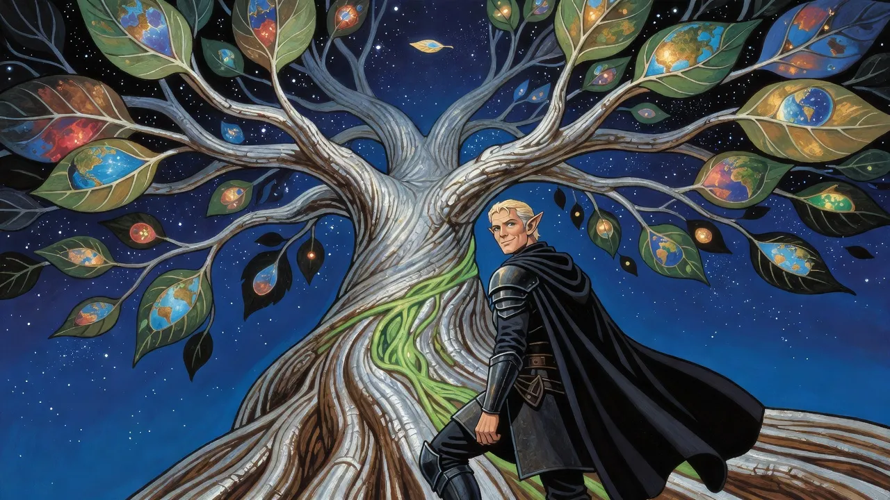 An elf in a black cloak stands on a vast tree branch that climbs like a road into a starry sky hung with glowing worlds.