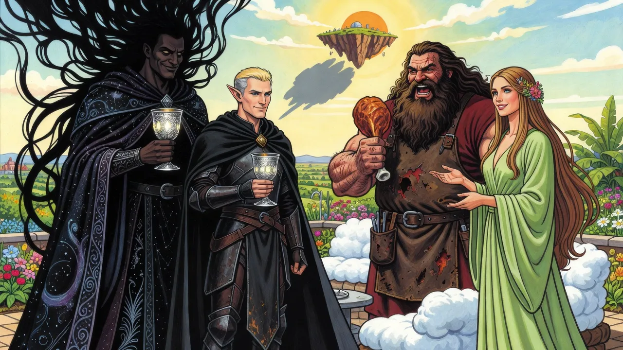 Four gods raise a toast on a sunlit rooftop terrace above a garden of flowers.