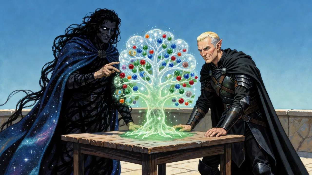 Two gods lean over a glowing miniature tree of tiny worlds hanging above a table.