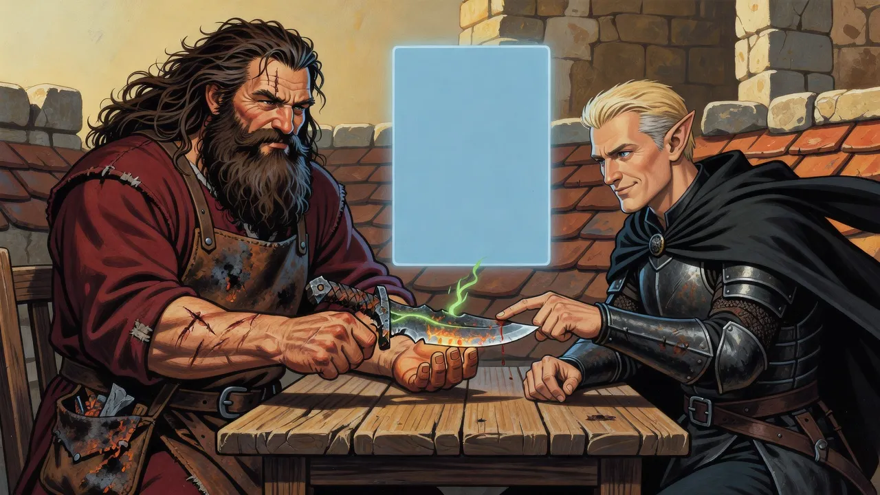 A burly smith god holds out a rough curved dagger to an elf in dark armour.