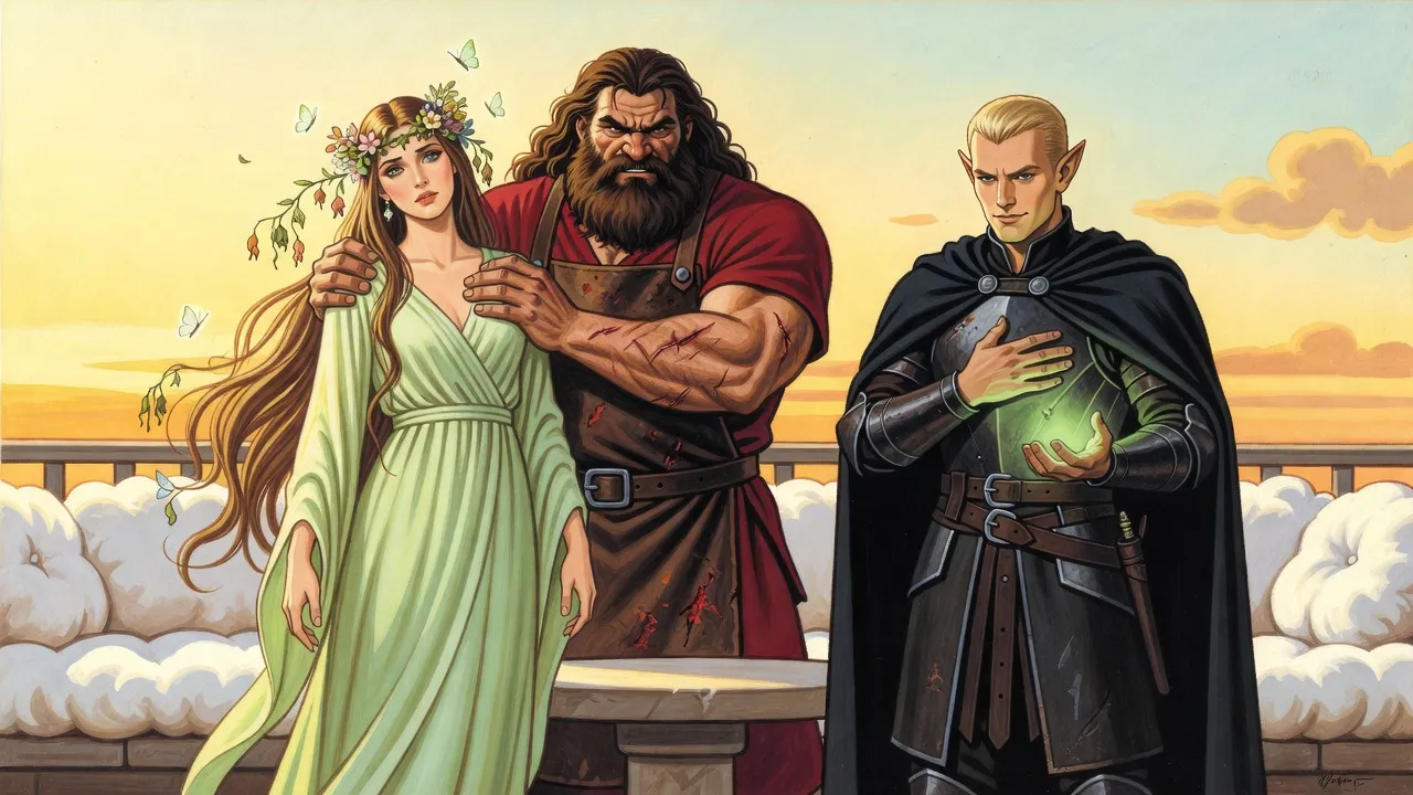 A goddess in a fading green robe sways back as a smith god steadies her and an elf watches warily.