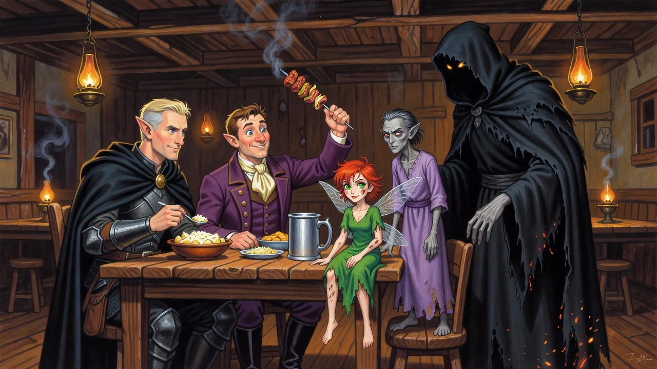 Five odd gods crowd round a tavern table with skewers of grilled meat and a bowl of salad.