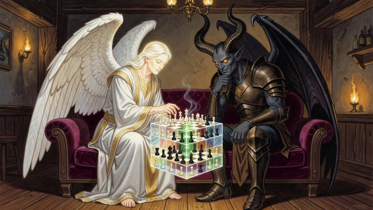 A white-winged seraph and a horned demon bend over a glowing, many-layered chess cube.