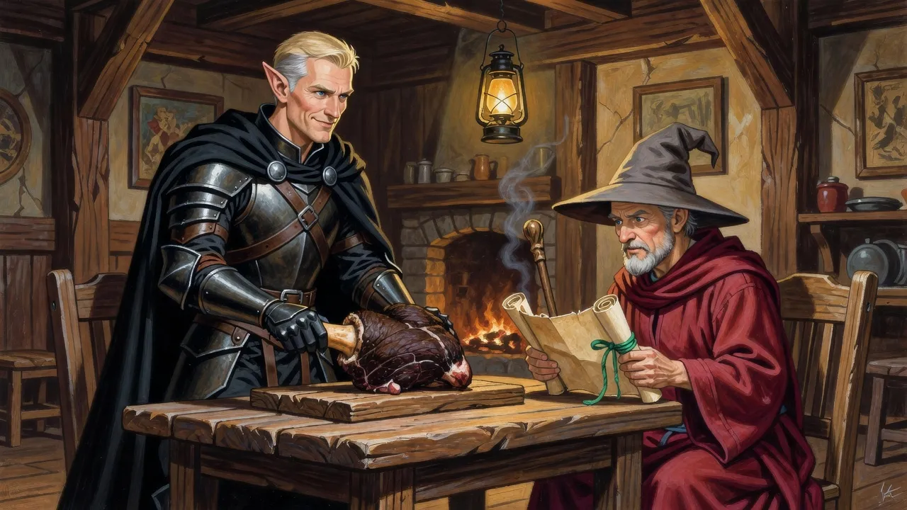 An old bearded god in a pointed hat eyes a slab of meat while an elf bargains across the table.