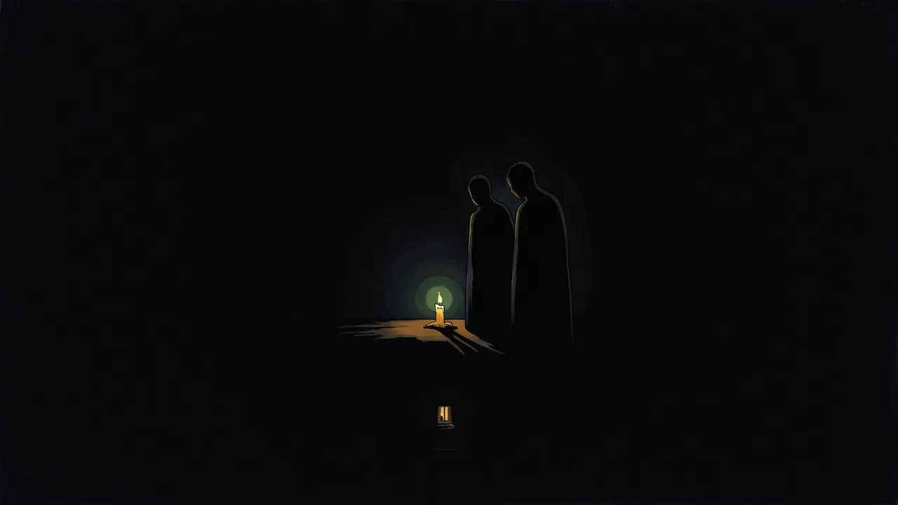 Two faceless shadow figures stand beside a guttering candle in a black emptiness.