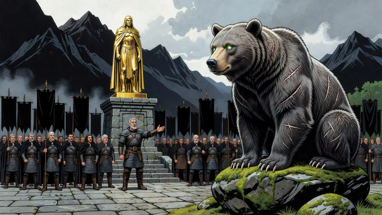 A clan stands in ranks before a gold statue while a huge scarred bear watches from a rock.