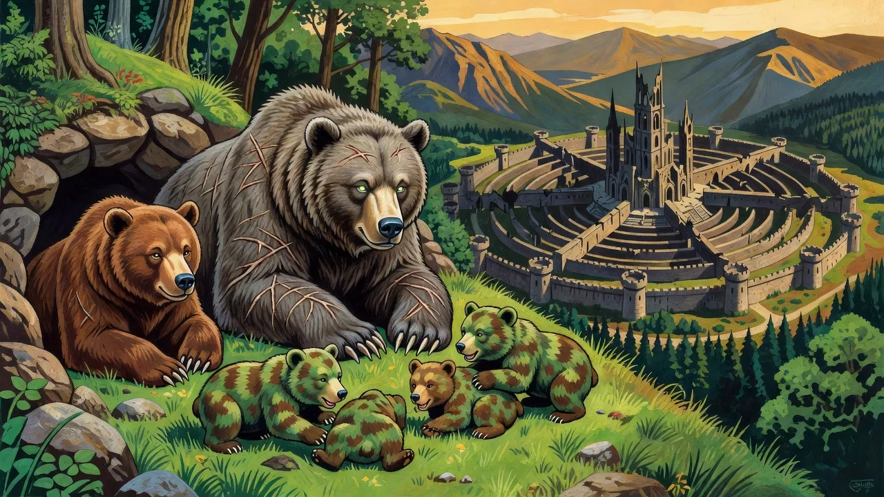 Two bears rest outside a hillside den while mottled cubs tumble in the grass.