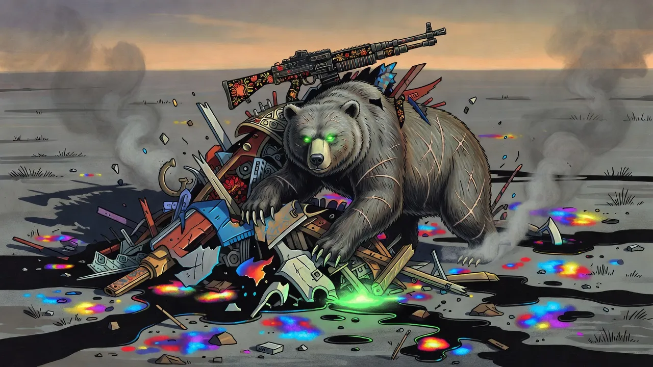 A scarred bear digs through a heap of wrecked machines and armour glowing with spilled light.
