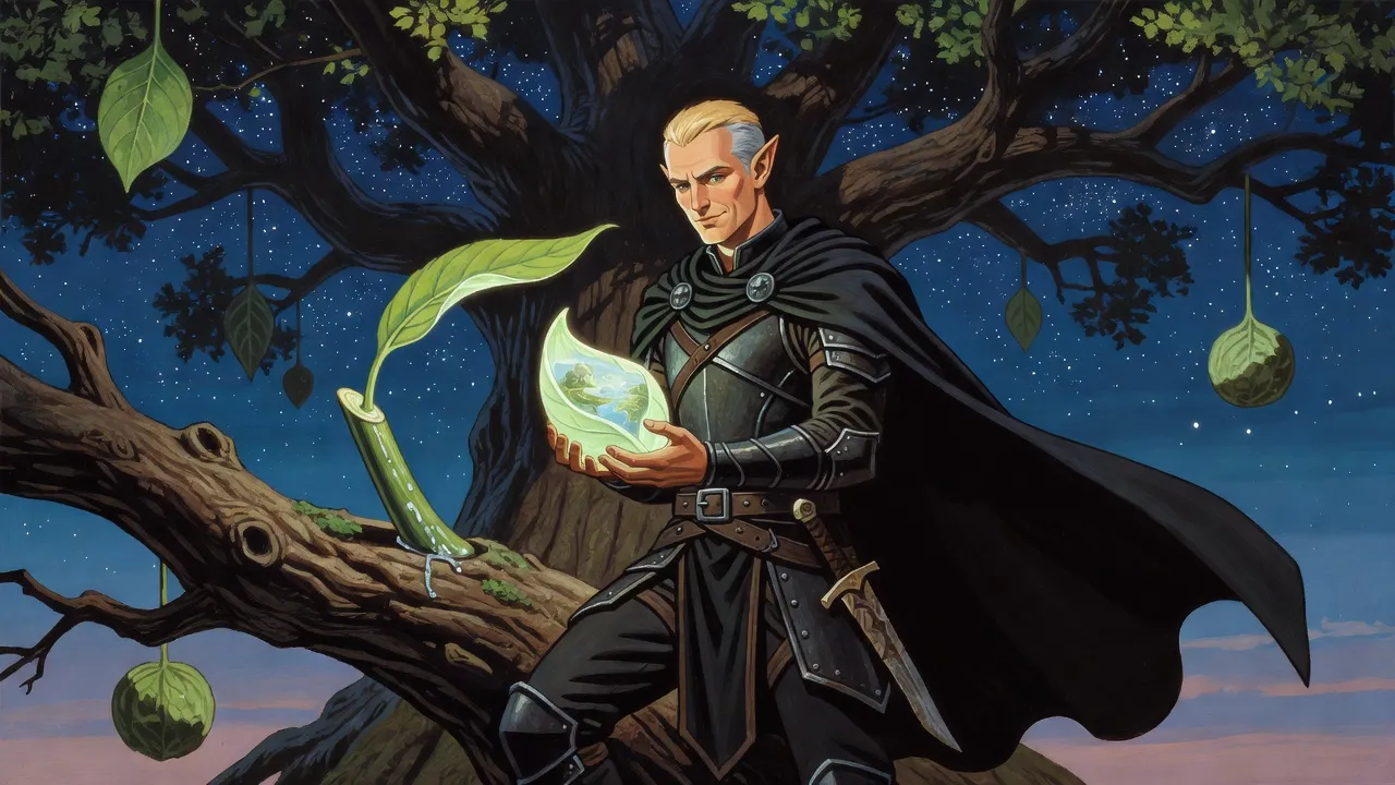 An elf in a black cloak holds a small glowing cocoon of light on a vast tree branch.