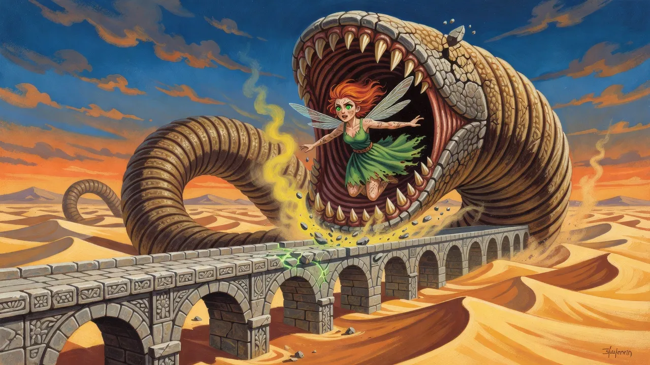 A colossal worm rears against an arched granite bridge as a tiny winged fairy darts at its head.