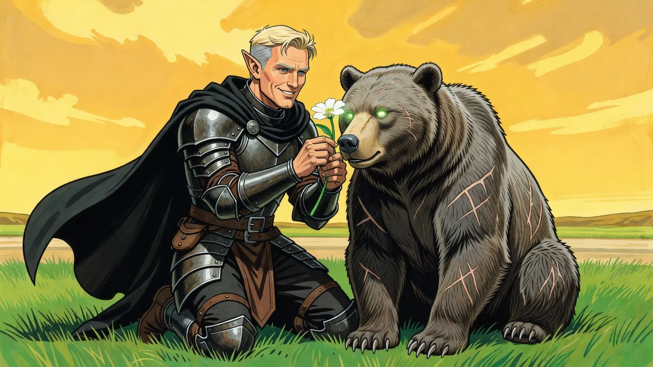 An elf in dark armour tucks a flower behind the ear of a big scarred bear.