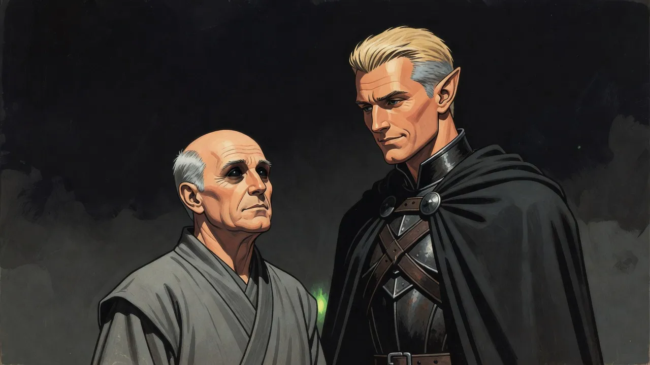 A short, still figure with dark, bottomless eyes faces a grave elf in an empty void.