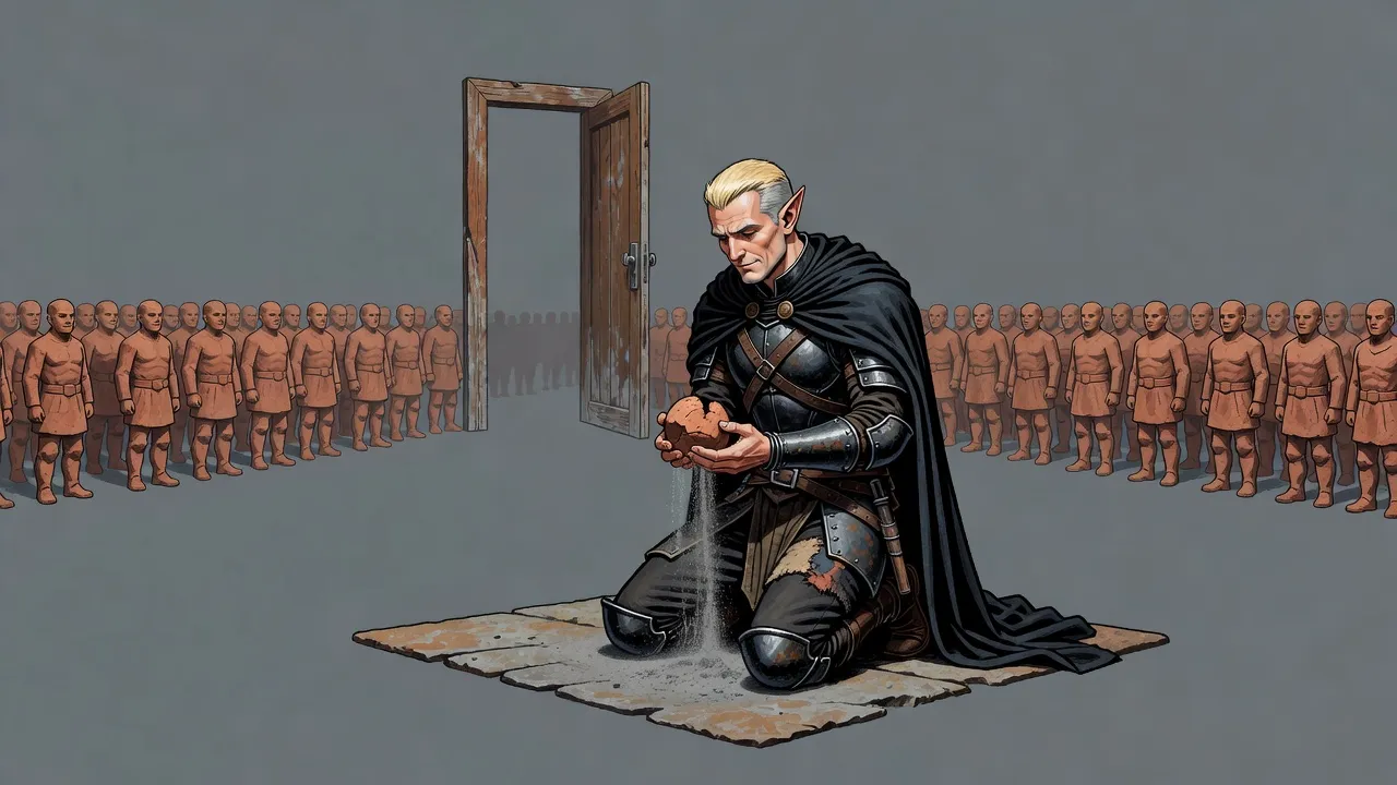 An elf kneels in a grey void before ranks of frozen clay figures, dust running through his fingers.