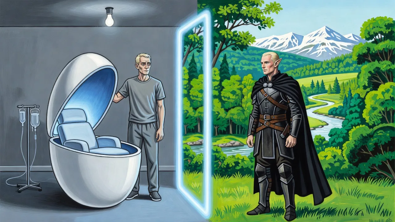 In a dim grey room a gaunt fair-haired man stands with one hand on an open white egg-shaped capsule beside a tall doorway of pale blue light; beyond it, in a sunlit green valley, a fair-haired elf in black armour with the same face stands looking out.