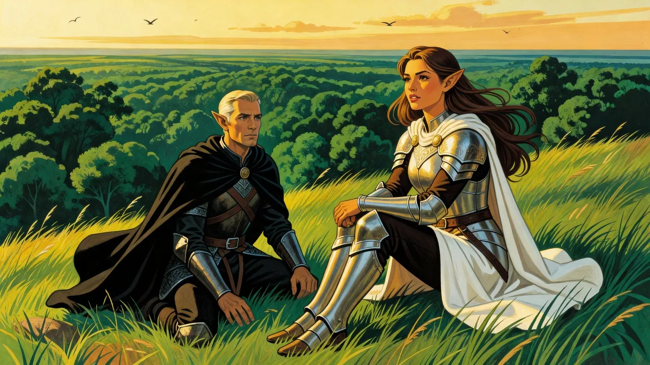 A chestnut-haired elf woman in silver armour sits on a grassy hilltop above a forest at sunset, hugging her knees, while a fair-haired elf in black armour sits a little apart, watching her.