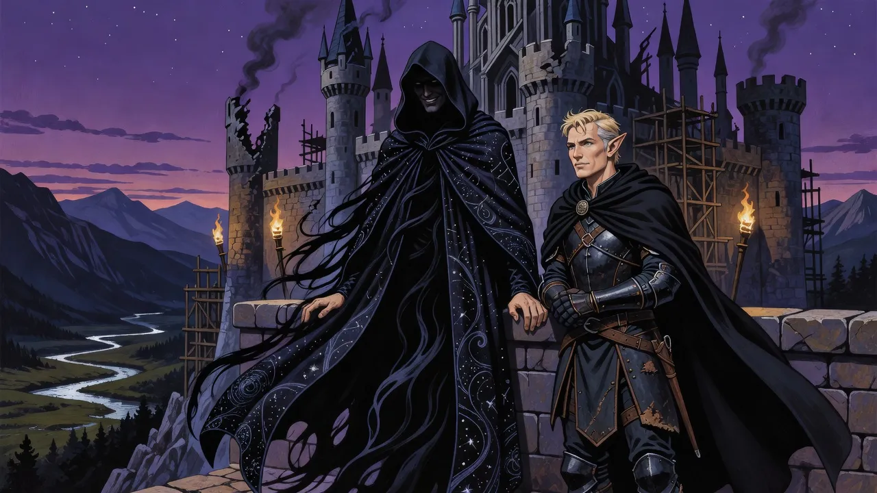 On the battlements of a half-ruined Gothic fortress at dusk, a tall figure wrapped in flickering darkness, his cloak full of stars, stands beside a fair-haired elf in black armour, looking out over a dark mountain valley.