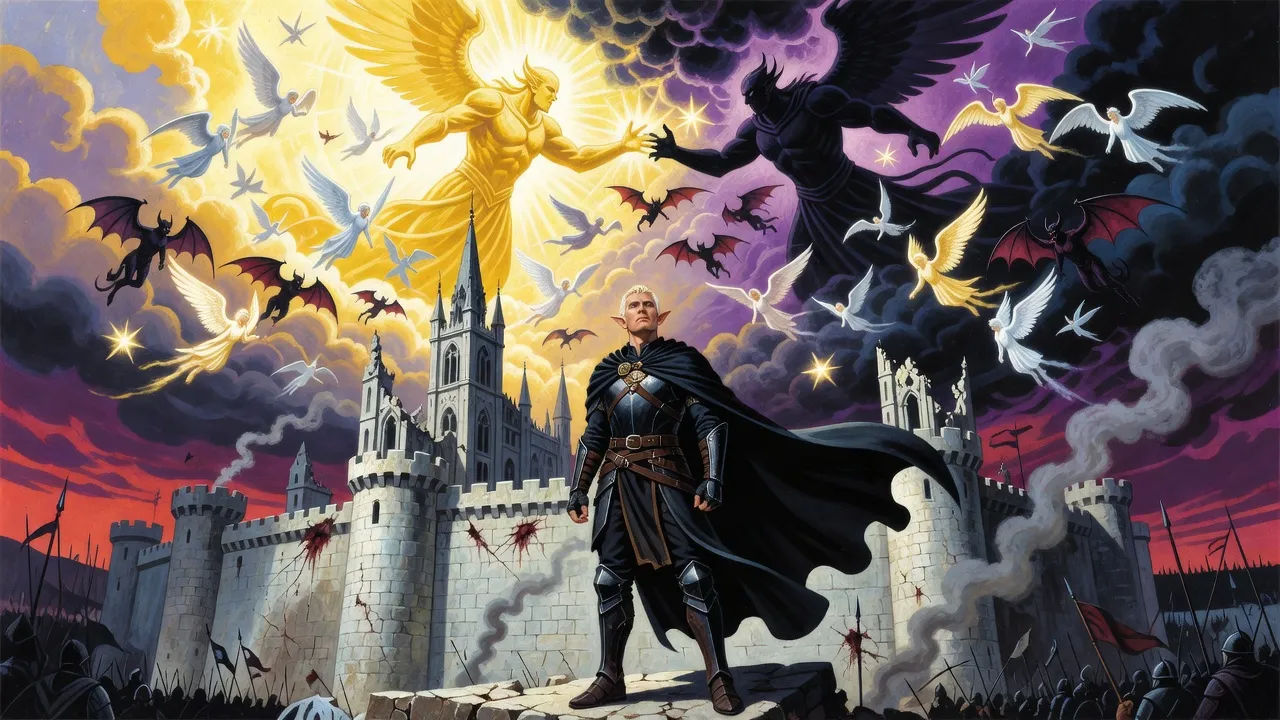 A fair-haired elf in black armour stands on rubble before a battle-scarred fortress wall, looking ahead under a sky split between white-gold and violet-black where giant shining figures grapple among swarms of winged shapes.