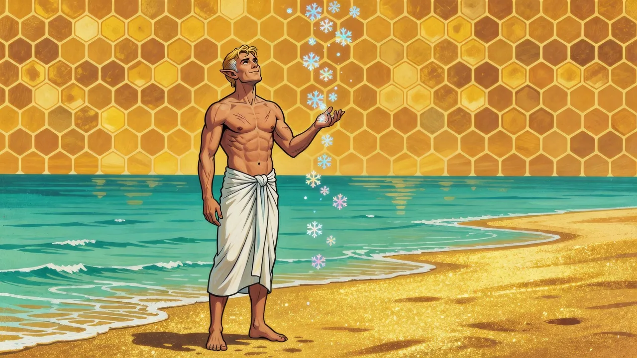 A bare-chested fair-haired man in a white wrap stands on a beach of gold sand by a turquoise sea, looking up with one hand raised as glowing snowflakes drift down from a sky of golden honeycomb cells.