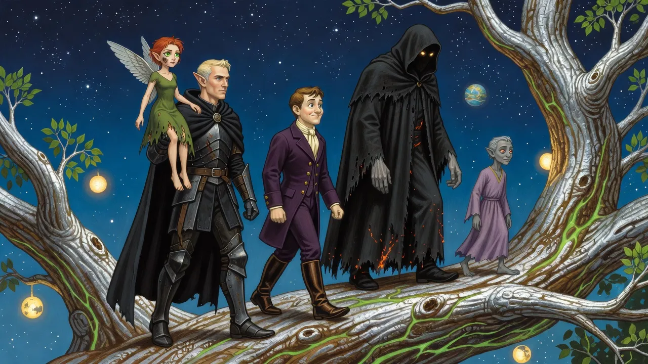 Five odd gods walk up a vast tree branch that climbs like a road through a starry void hung with small glowing worlds: an elf in a black cloak, a dandy in a plum coat, a towering hooded figure, a knee-high grey godling and a tiny winged woman in the elf’s hood.