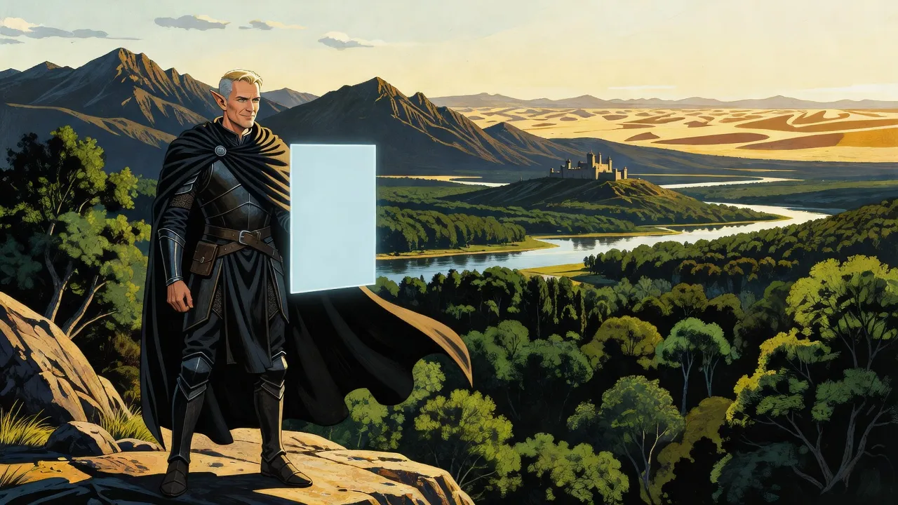A fair-haired elf in black armour and a long black cloak stands on a high crag at sunrise beside a blank pane of pale blue light, looking out over forests, a winding river, a far castle, dark mountains and a band of desert on the horizon.