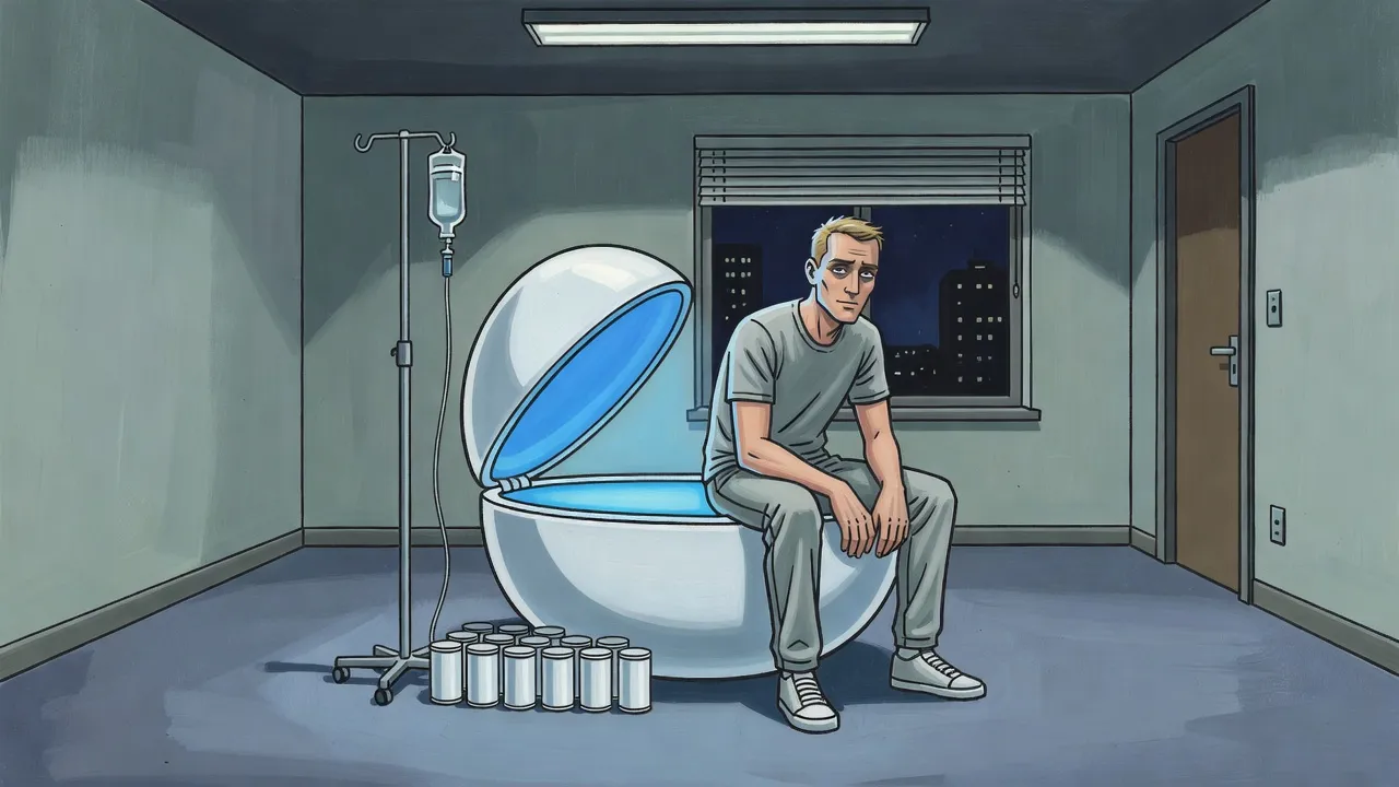 At night in a bare city flat a gaunt fair-haired man sits on the edge of an open white egg-shaped capsule beside an IV drip stand and a row of canisters, city lights in the window behind him.