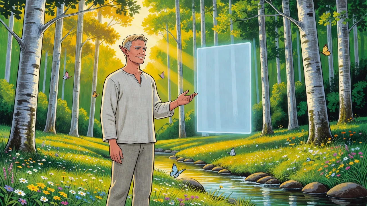A fair-haired elf in a plain linen shirt stands empty-handed in a sunlit forest glade by a brook among butterflies, looking at a blank pane of pale blue light hanging in front of him.