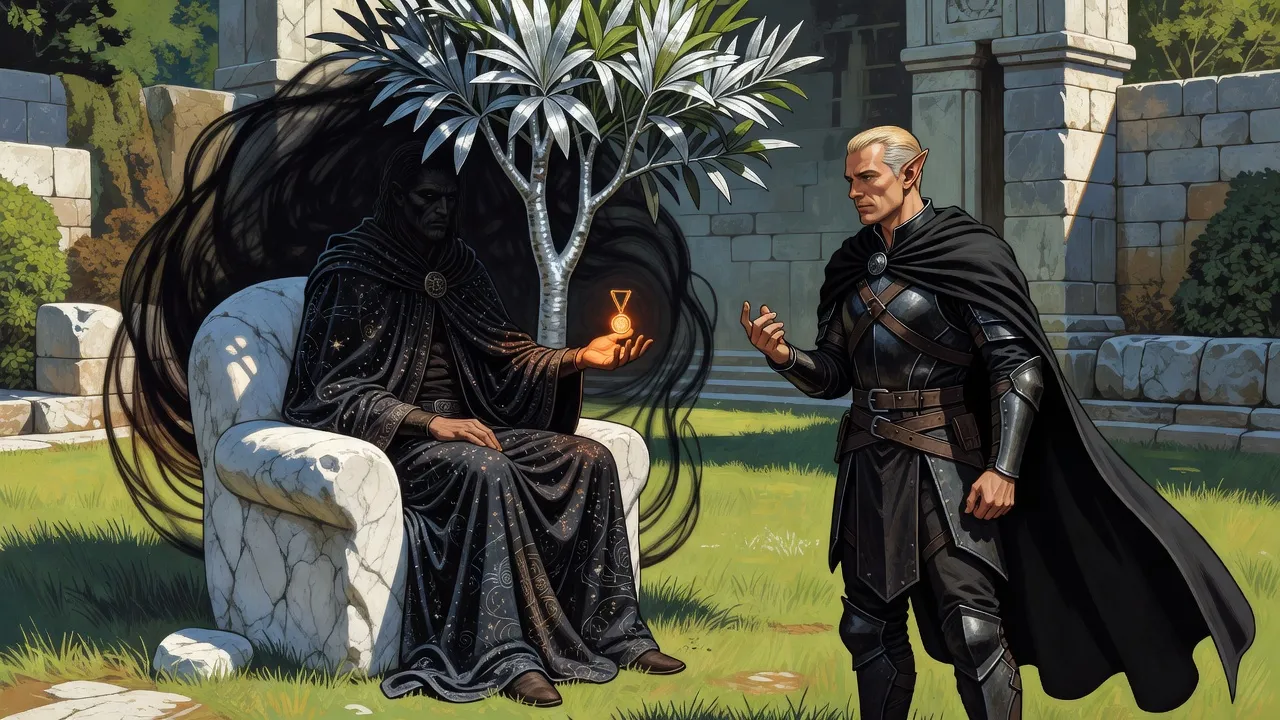 A tall figure wrapped in flickering strands of darkness, his cloak full of stars, sits on a rough stone throne under a small silvery tree in a sunny walled garden, holding out a small glowing medal to a fair-haired elf in black armour.