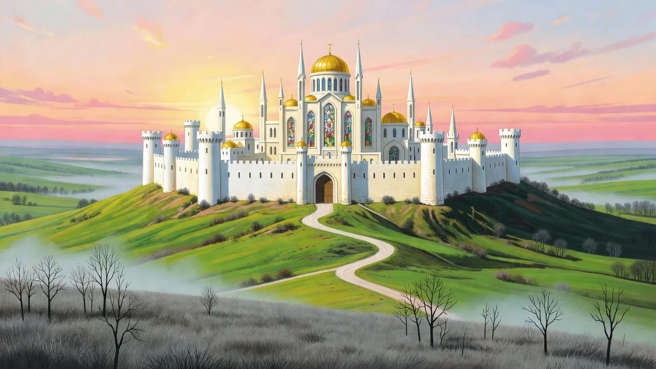 A fortified city of pale stone with golden temple domes glows in dawn light across a misty valley, seen from a ridge of grey grass and leafless black trees.