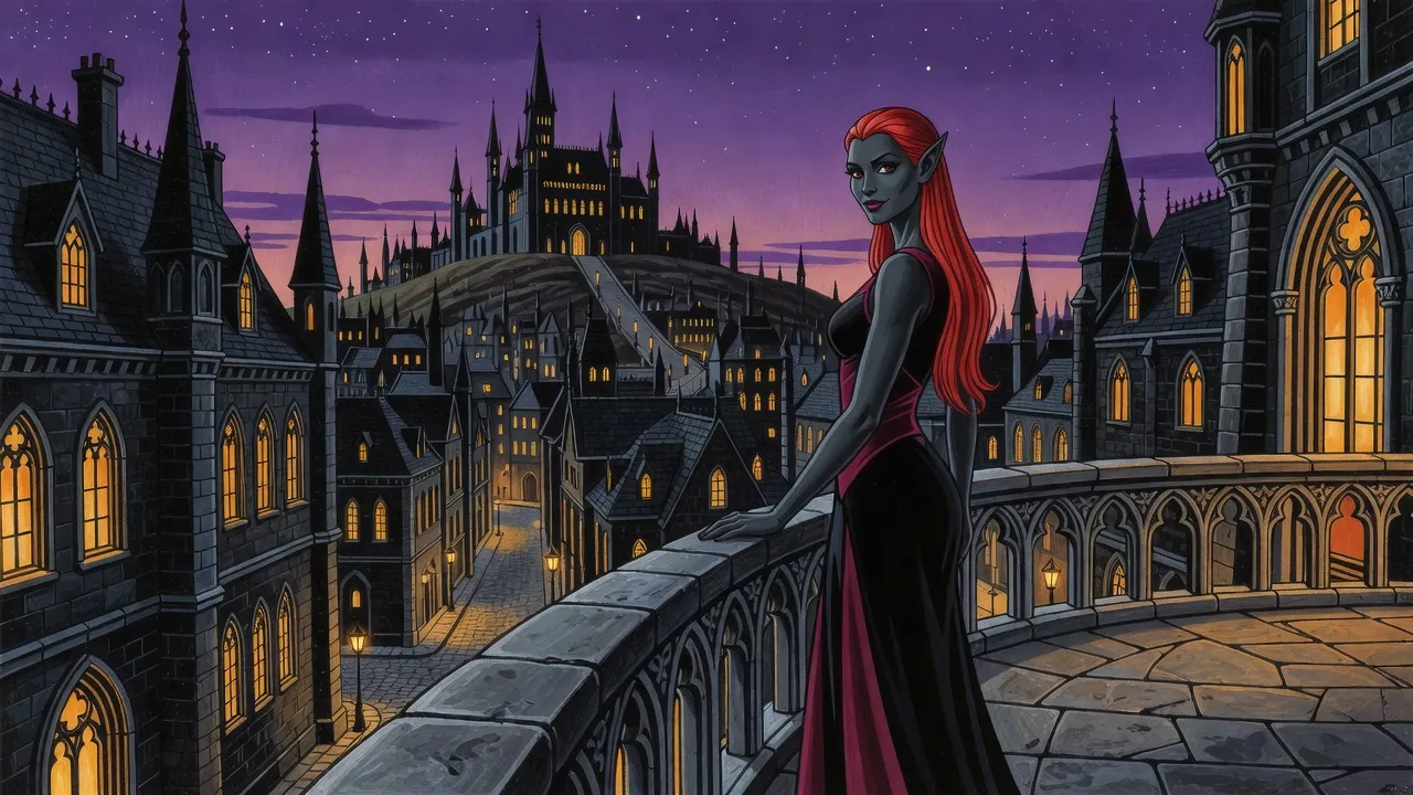 A tall drow woman with ash-grey skin and long scarlet hair stands at a stone balustrade at dusk above a city of dark Gothic roofs and lit windows climbing toward a spired palace on a hill.