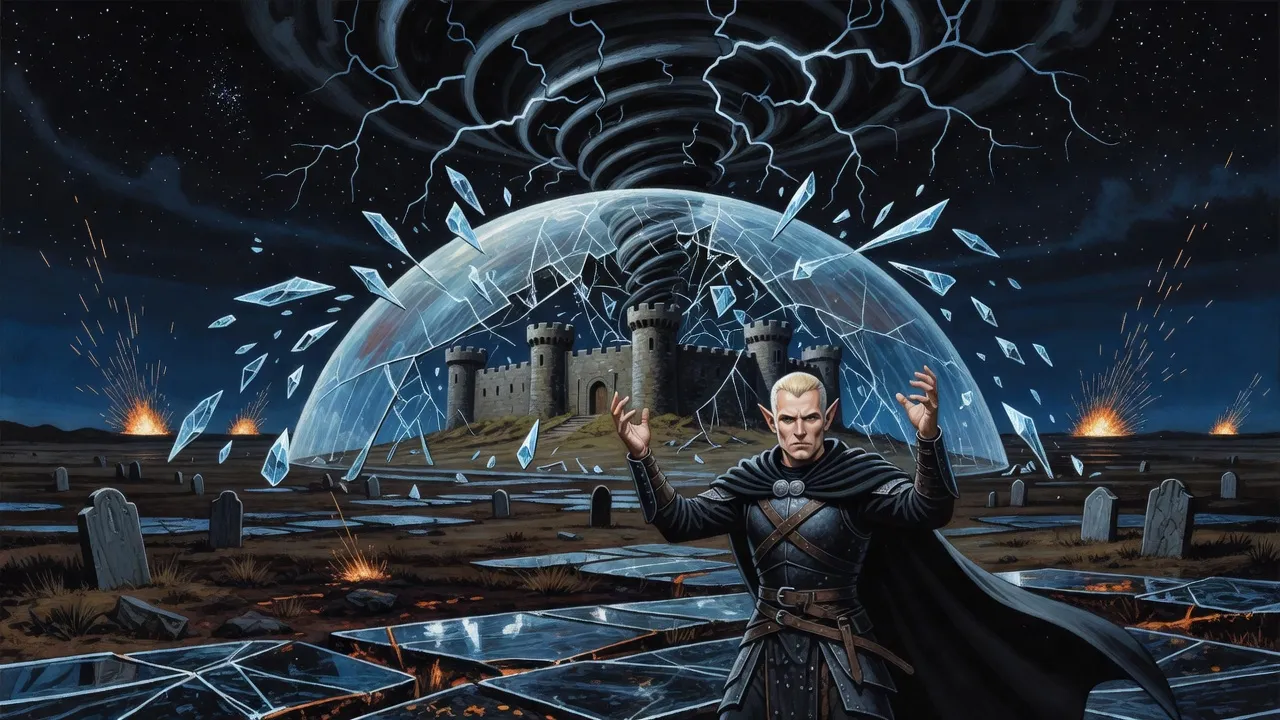 At night a fair-haired elf in black armour stands among grey gravestones on glassy scorched ground, arms raised beneath a whirling black funnel, as the glowing dome over a castle shatters into falling shards.