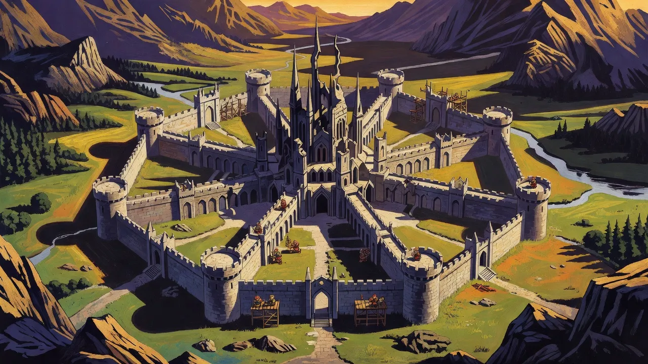 A vast eight-sided fortress with round towers and a partly ruined Gothic cathedral at its heart lies in a mountain valley at sunset, small figures working on scaffolds along its outer wall.