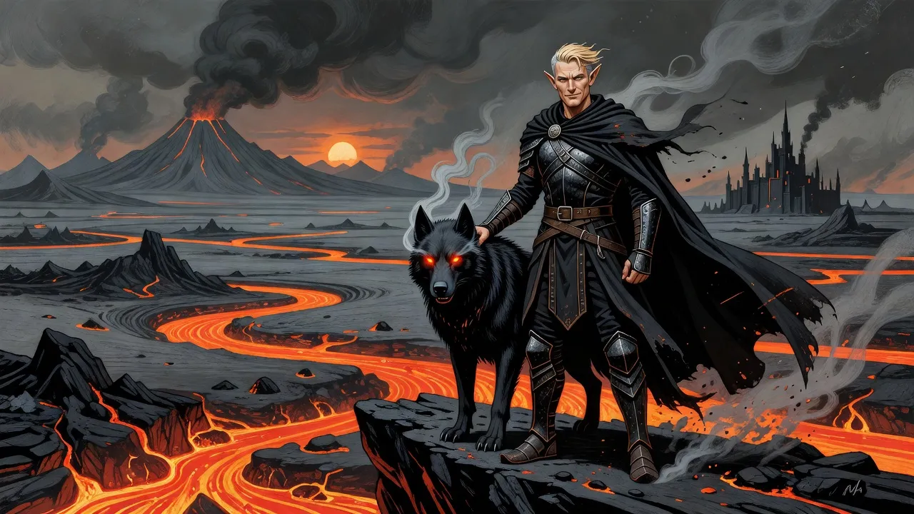 A fair-haired elf in black armour stands on a basalt ridge beside a huge black hound with ember eyes, looking across an ash-grey volcanic plain cut by rivers of lava toward a distant dark citadel.