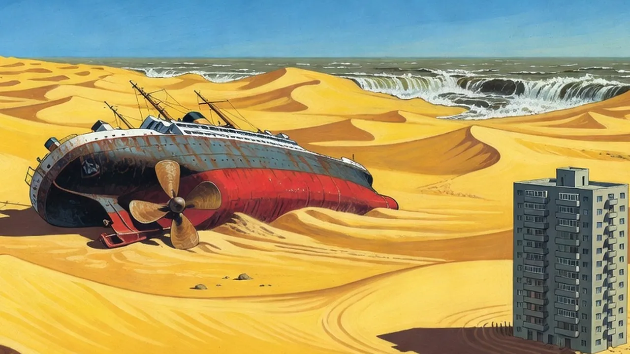 An ocean liner lies beached and tilted in golden desert dunes, its huge bronze propeller lifted into the air, a lone concrete tower block standing in the sand beyond, as grey sea water spills in over the dunes on the horizon.