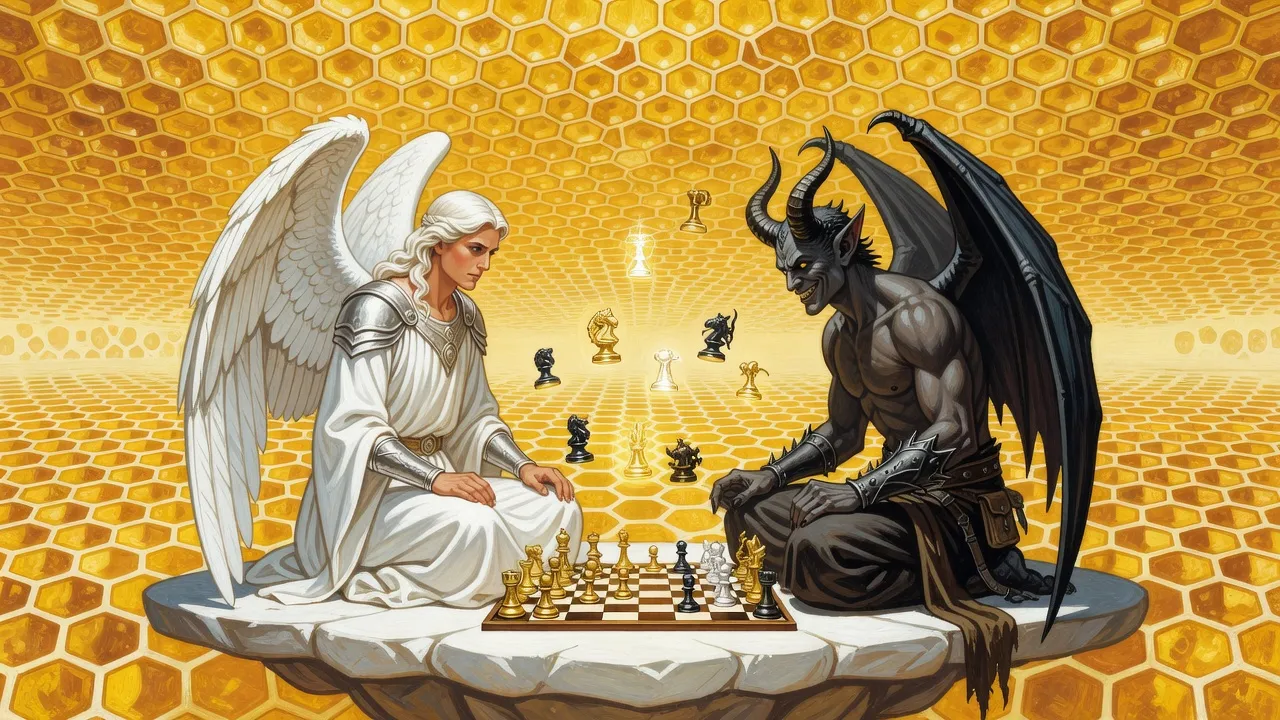 A tall winged seraph in white and a horned demon of the same height sit over a strange chessboard with floating pieces, in front of an endless golden honeycomb of glowing cells.