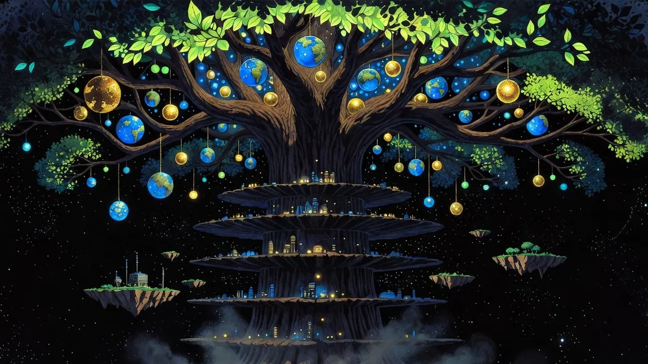 An immense tree rises through a starry void, its trunk ringed with terraced tiers of tiny lit cities and its branches hung with small glowing worlds like lanterns, rising out of a faint haze of falling grey ash.